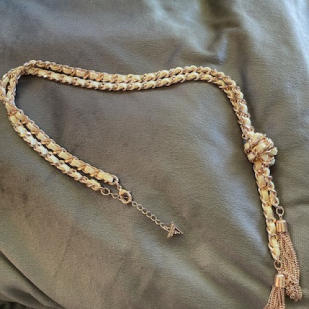 Guess Long Cream Leather and Rose Gold Woven Necklace with Tassels